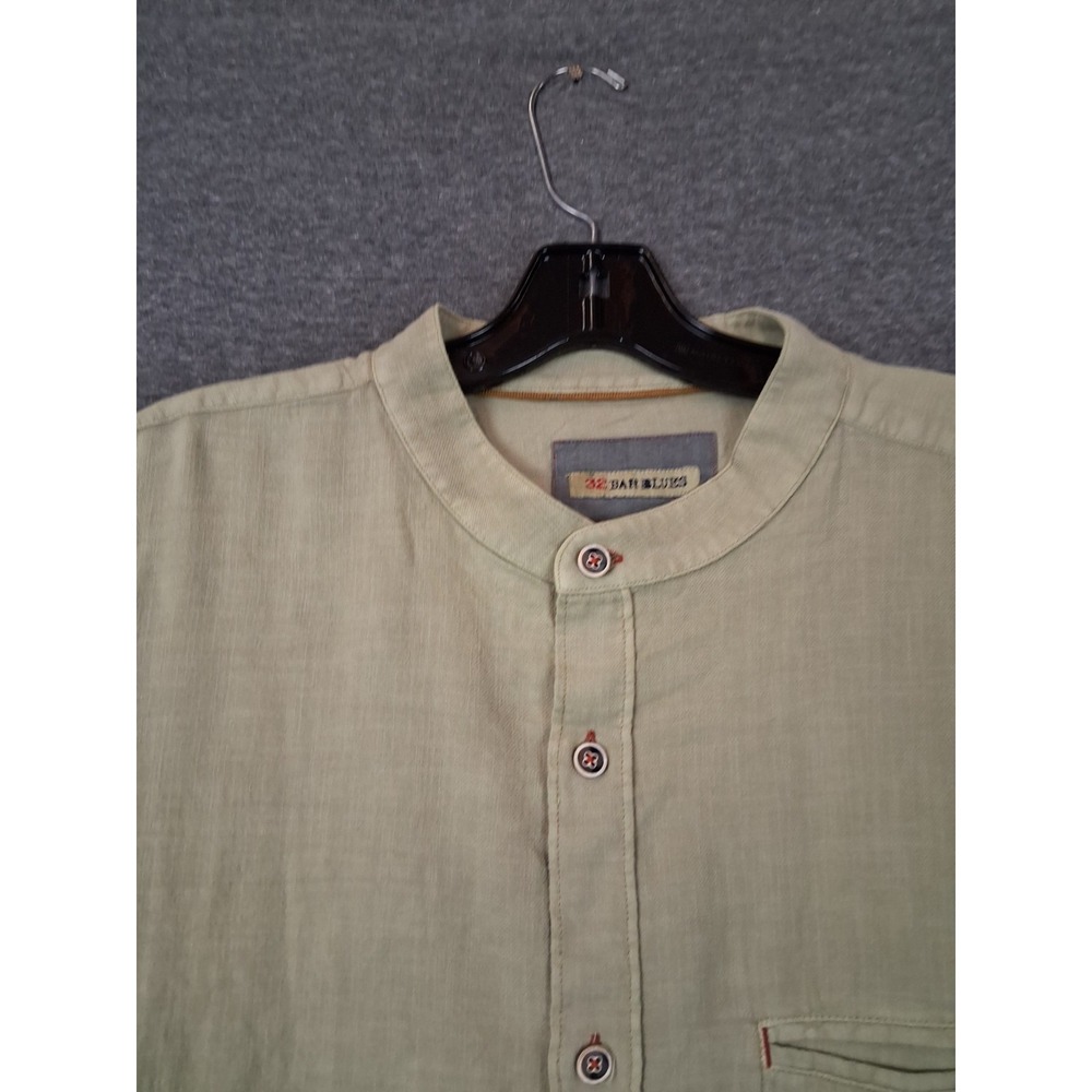 32 Bar Blues Mens Shirt XL Beige Linen Blend Band Collar Coastal PNW Resort Fall
